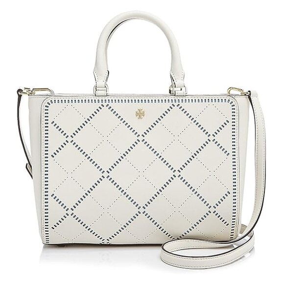 Tory Burch Robinson Crosshatch Leather Satchel Bag Ivory Riviera Blue Handbag NW - Picture 1 of 6